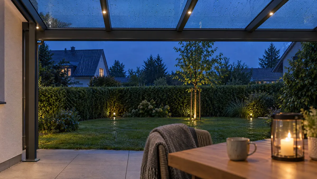 Blick unter einem Glasdach in einen Garten am Abend, vorne ein Tisch mit Tasse und Laterne.