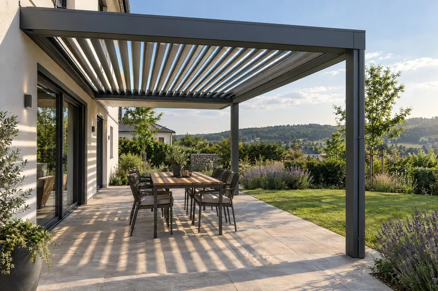 Lamellendach an einem Einfamilienhaus am späten Nachmittag, die Lamellen werfen Streifen aus Licht und Schatten auf Terrasse und Esstisch.
